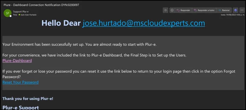Confirmation email from Plur-e Support with the link to the Admin Center