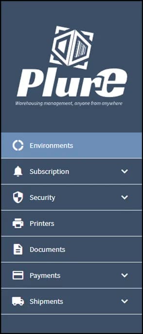 Admin Center side menu listing Environments, Subscription, Security, Printers, Documents, Payments and Shipments