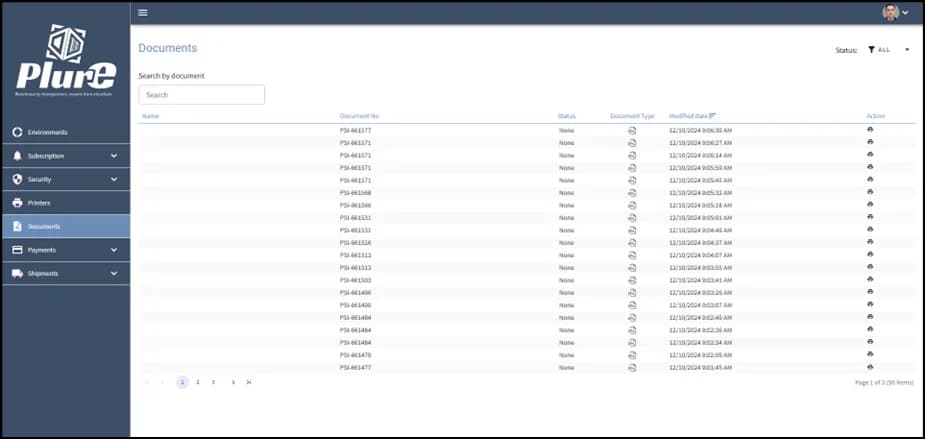 Documents history list in the Admin Center with view and print actions
