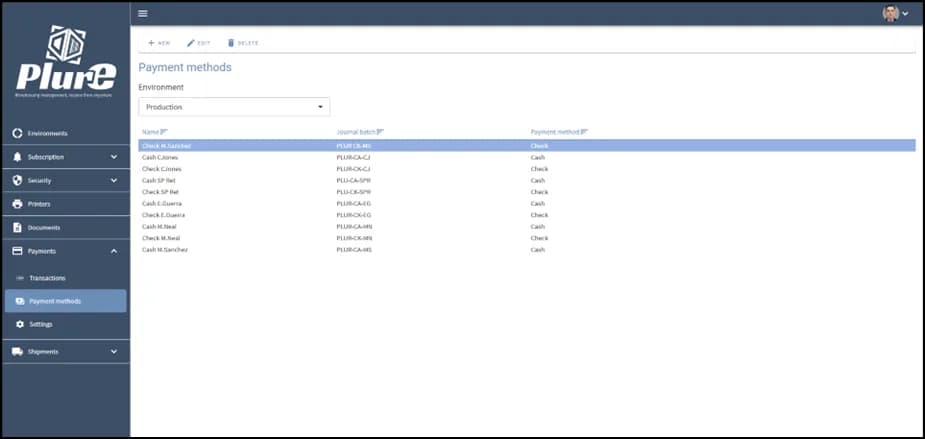 Payment methods list in the Admin Center