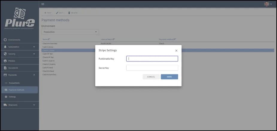 Stripe configuration fields in the Payments section