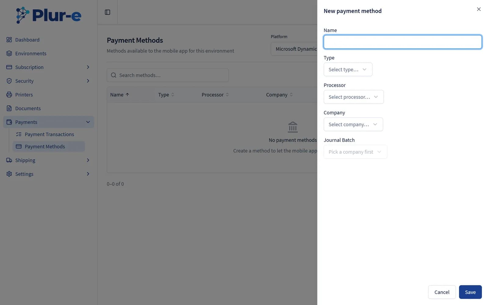 New payment method panel with Name, Type, Processor, Company and Journal Batch