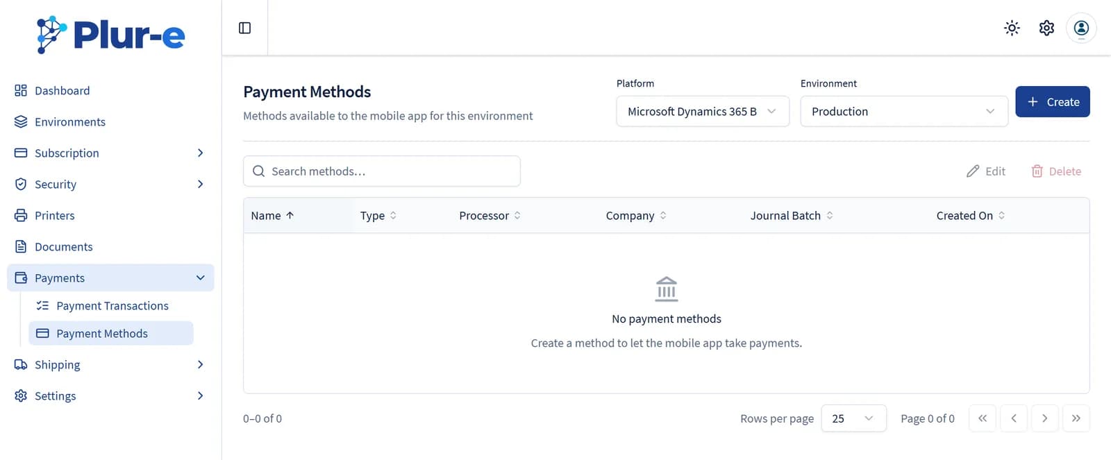 Payment Methods page in the Admin Center with the environment selector