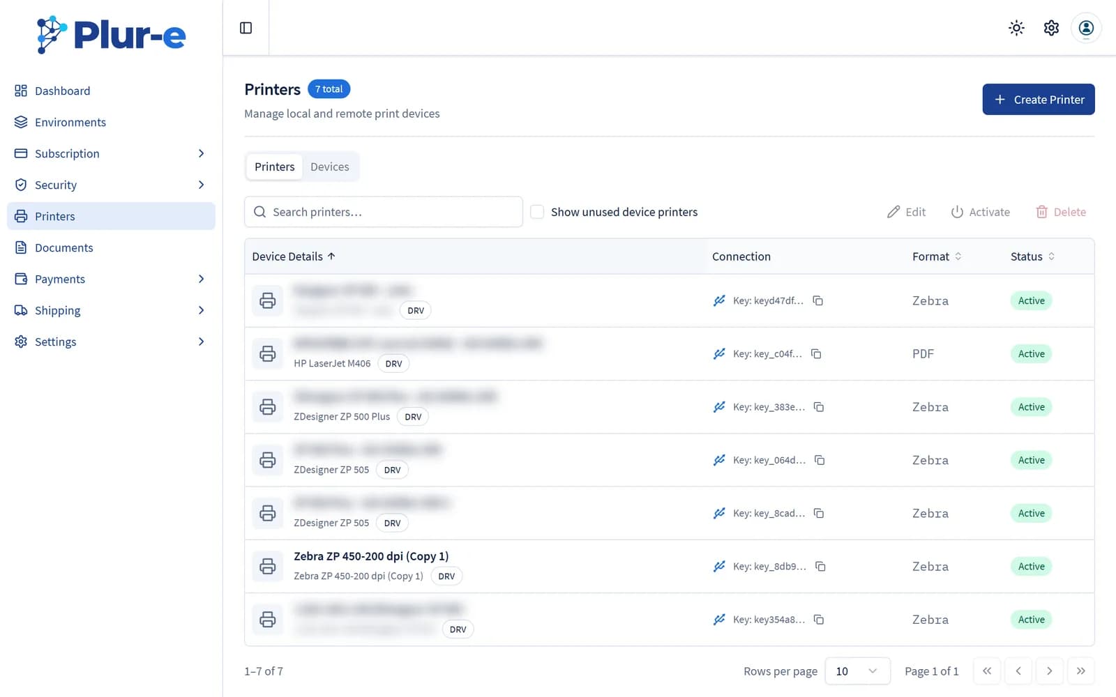 Printers reported by the device in the Admin Center