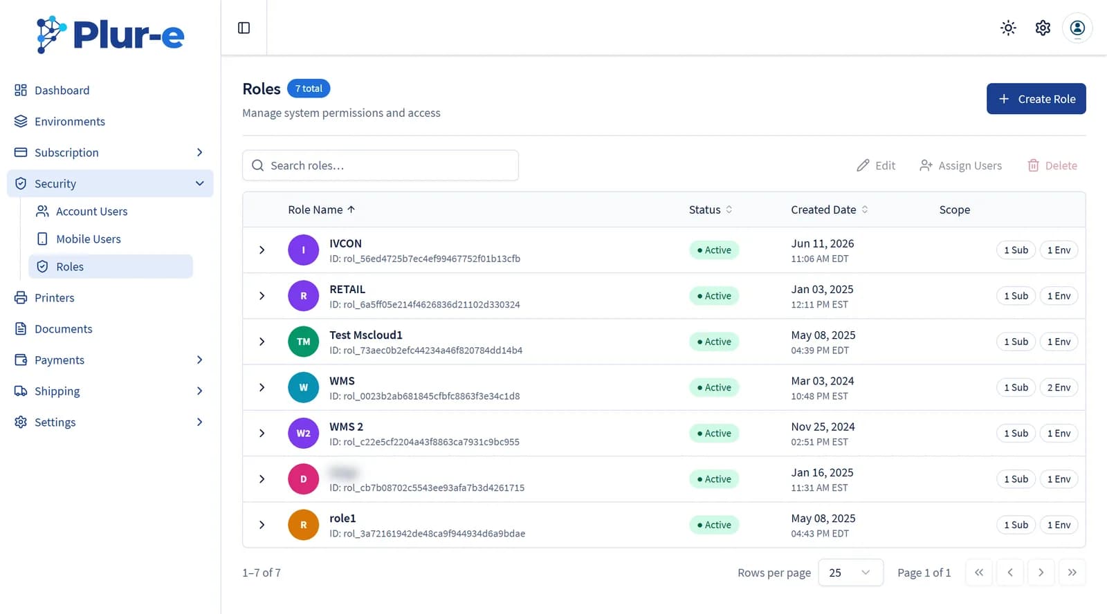 Roles list with the Create Role, Edit, Assign Users and Delete actions and the scope of each role