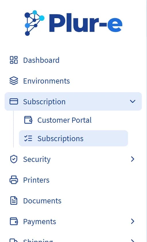 Subscription menu in the sidebar with the Customer Portal and Subscriptions entries