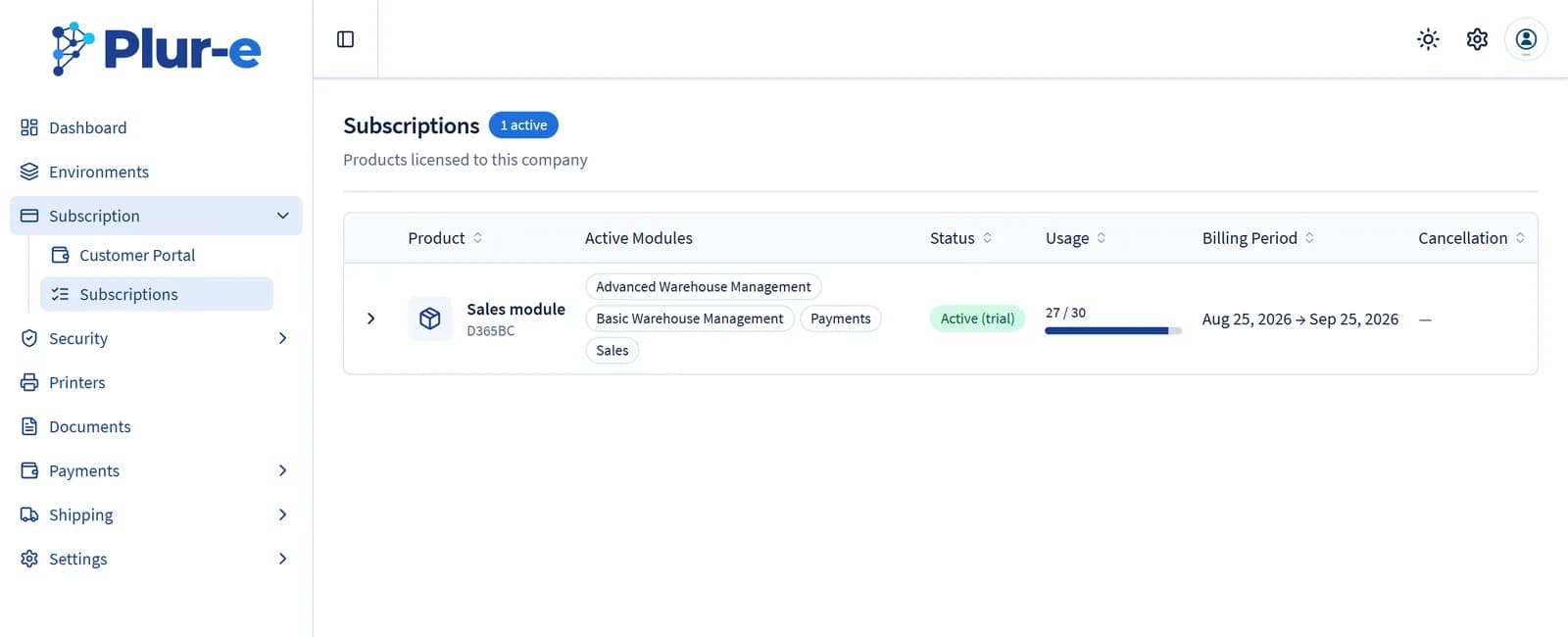 Subscriptions page listing the licensed product with its modules, status, usage and billing period