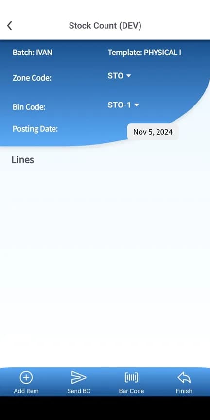 Scanning page of the general inventory count with item and physical quantity