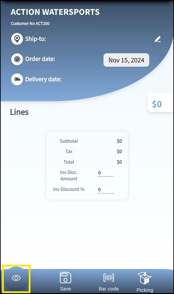 Sales order line with item, quantity and location code