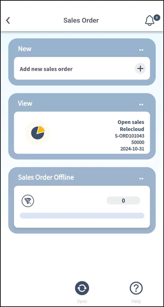 Plur-e Mobile Sales Order screen showing New, View (open sales) and Sales Order Offline cards with Sync and Help in the bottom bar