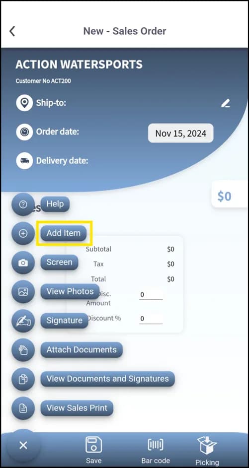 Item search list while adding a line to a sales order