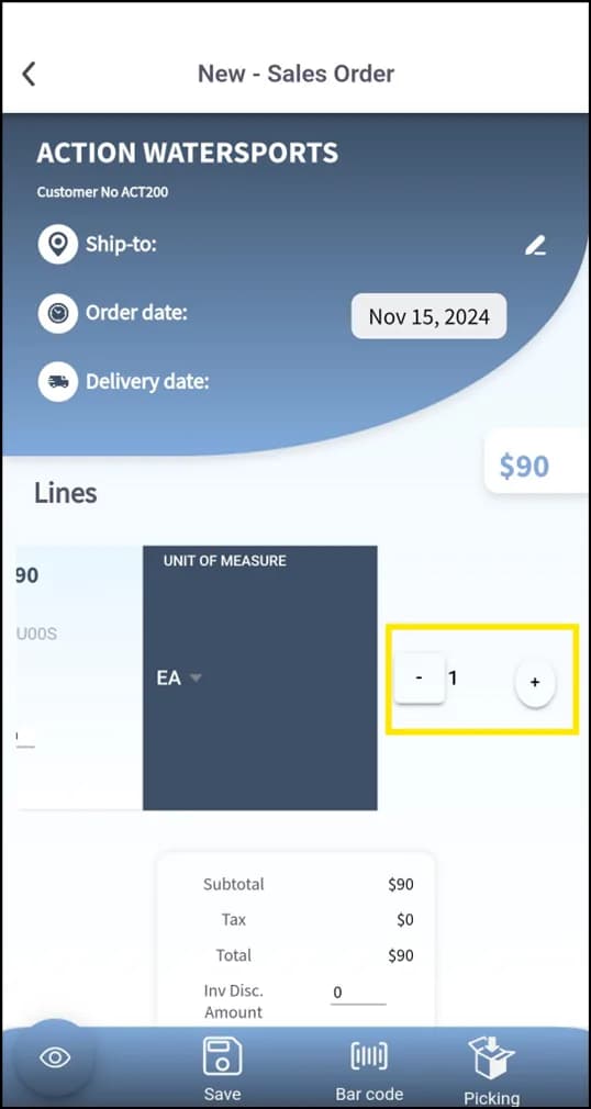 Sales order line editor with location, unit of measure and quantity fields