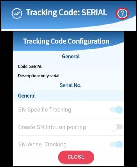 Item tracking configuration shown after tapping the question mark icon