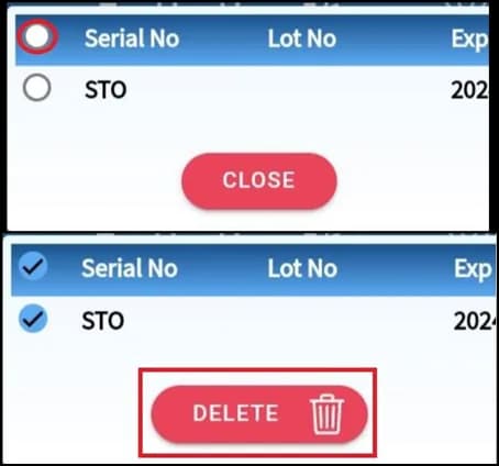 Serial number selected in the list with the delete option
