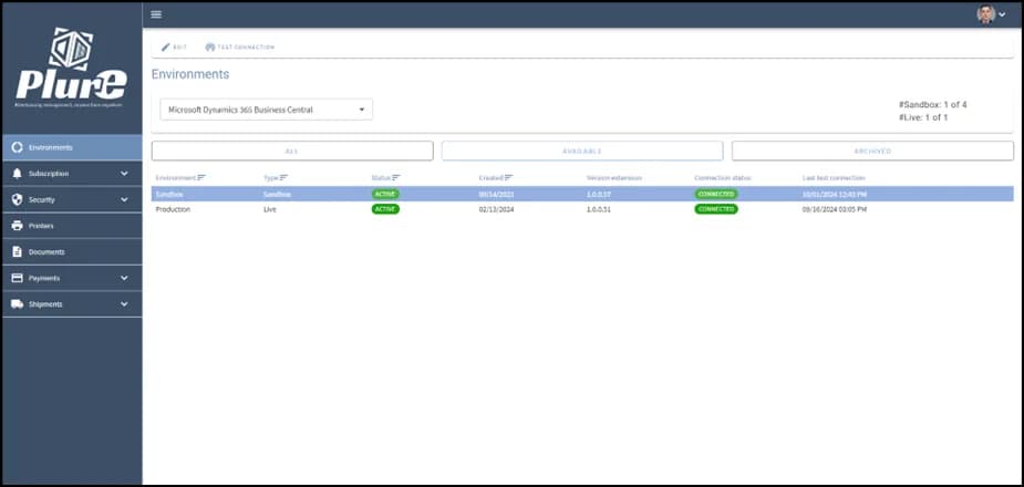 Environments page in the Admin Center showing the configured Business Central environment