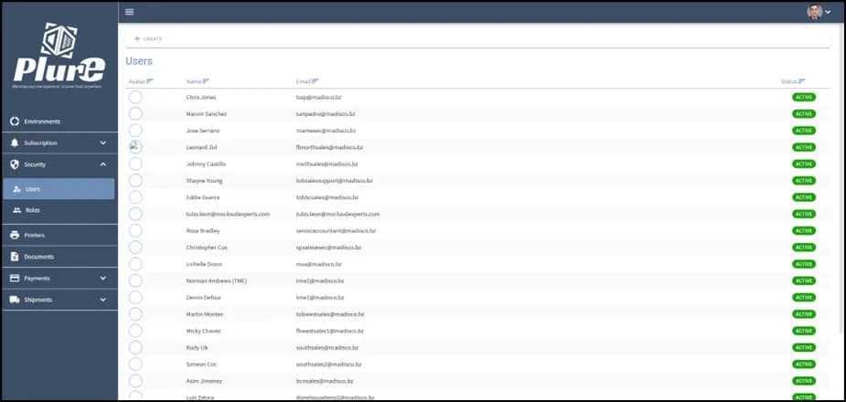 Users list in the Security section of the Admin Center