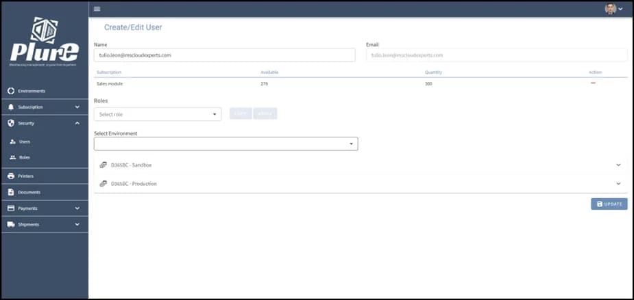 Edit user form showing permissions, roles and environments