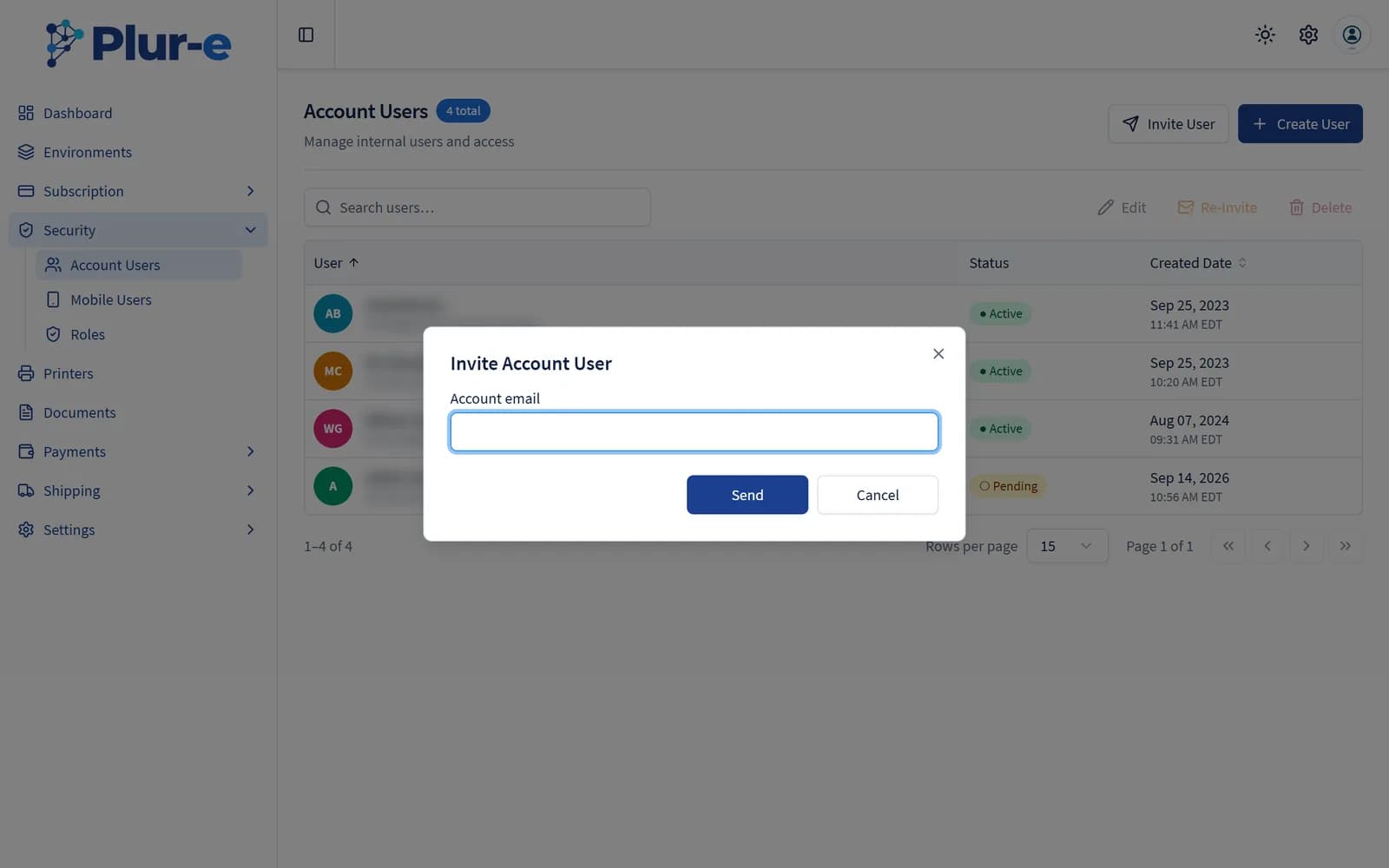 Invite Account User dialog asking for the account email