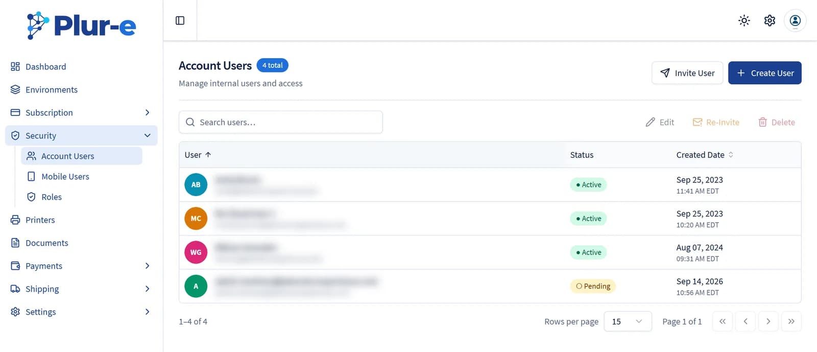 Account Users list in the Security section with Invite User and Create User