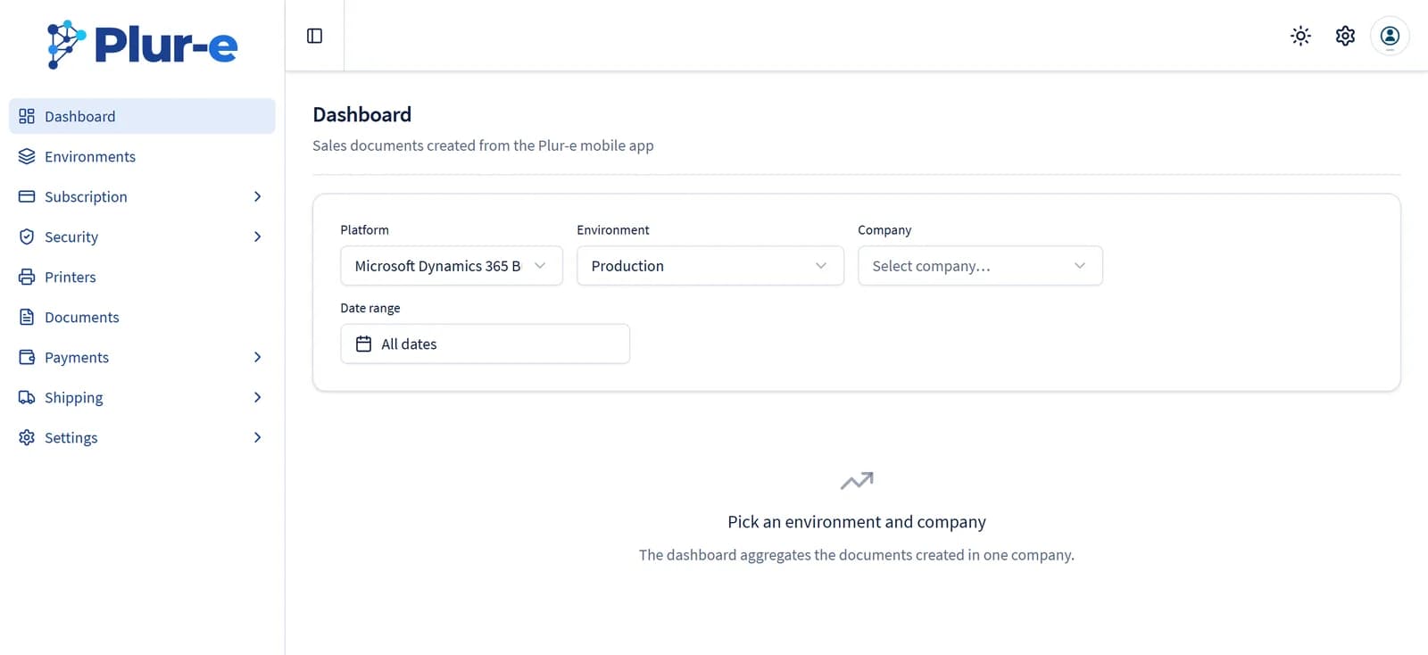 Admin Center dashboard with the platform, environment, company and date range filters