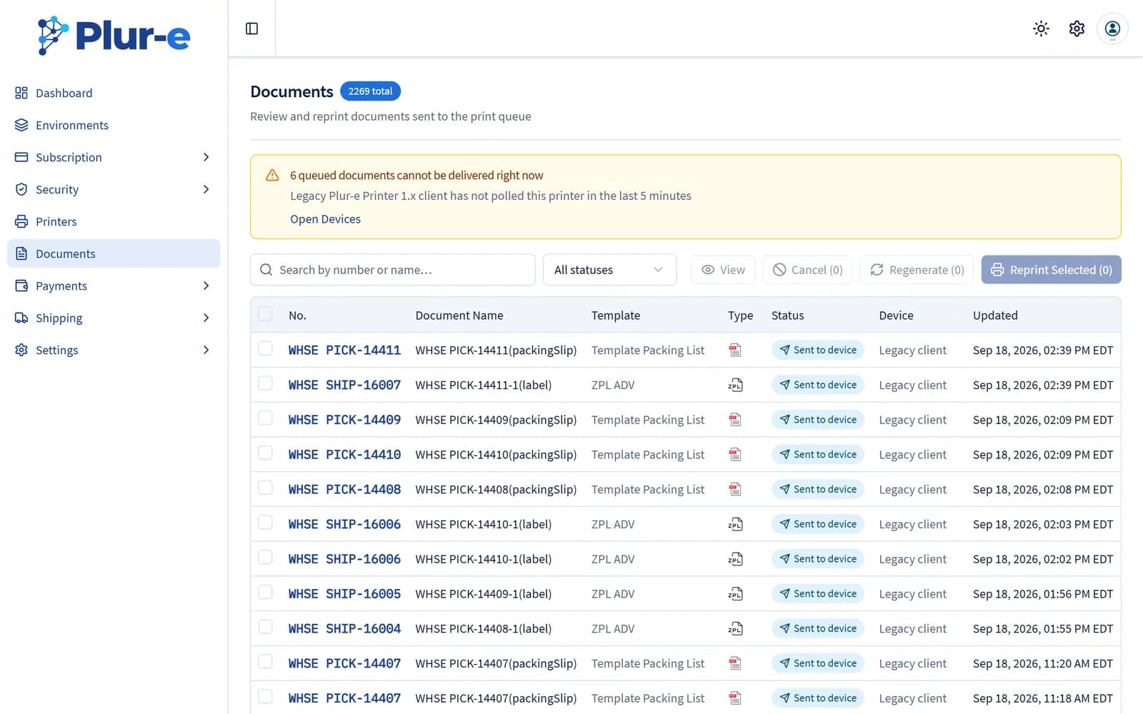 Documents history list in the Admin Center with view and print actions