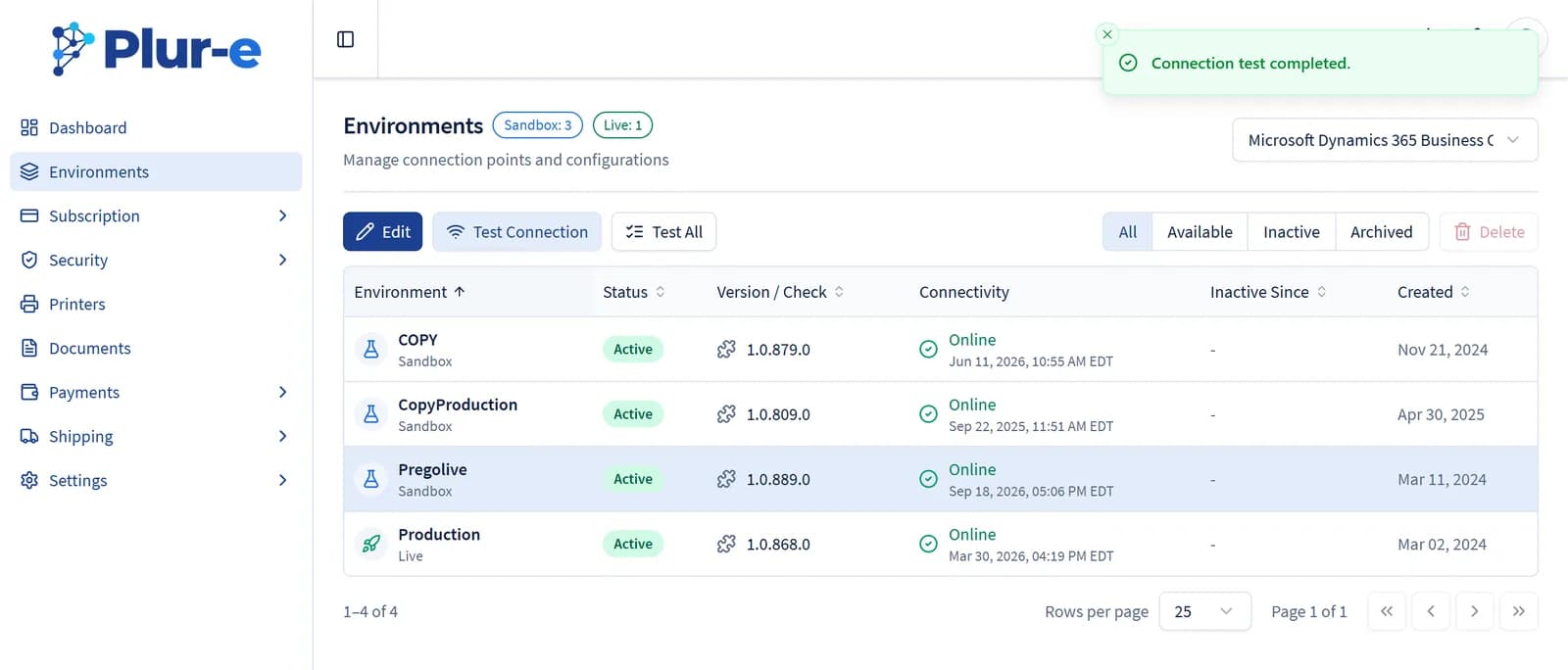 Result of Test Connection for a Business Central environment with the success message