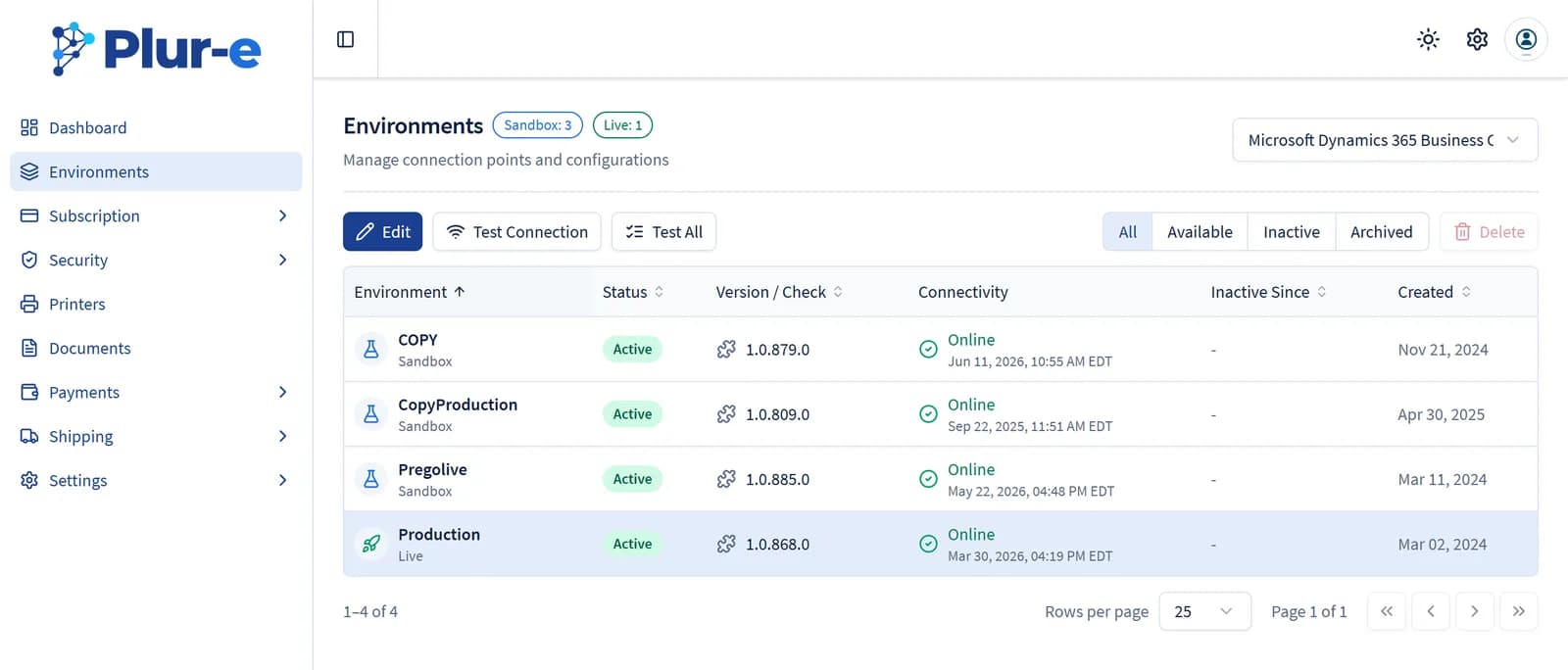 Environments page in the Admin Center listing the sandbox and live Business Central environments