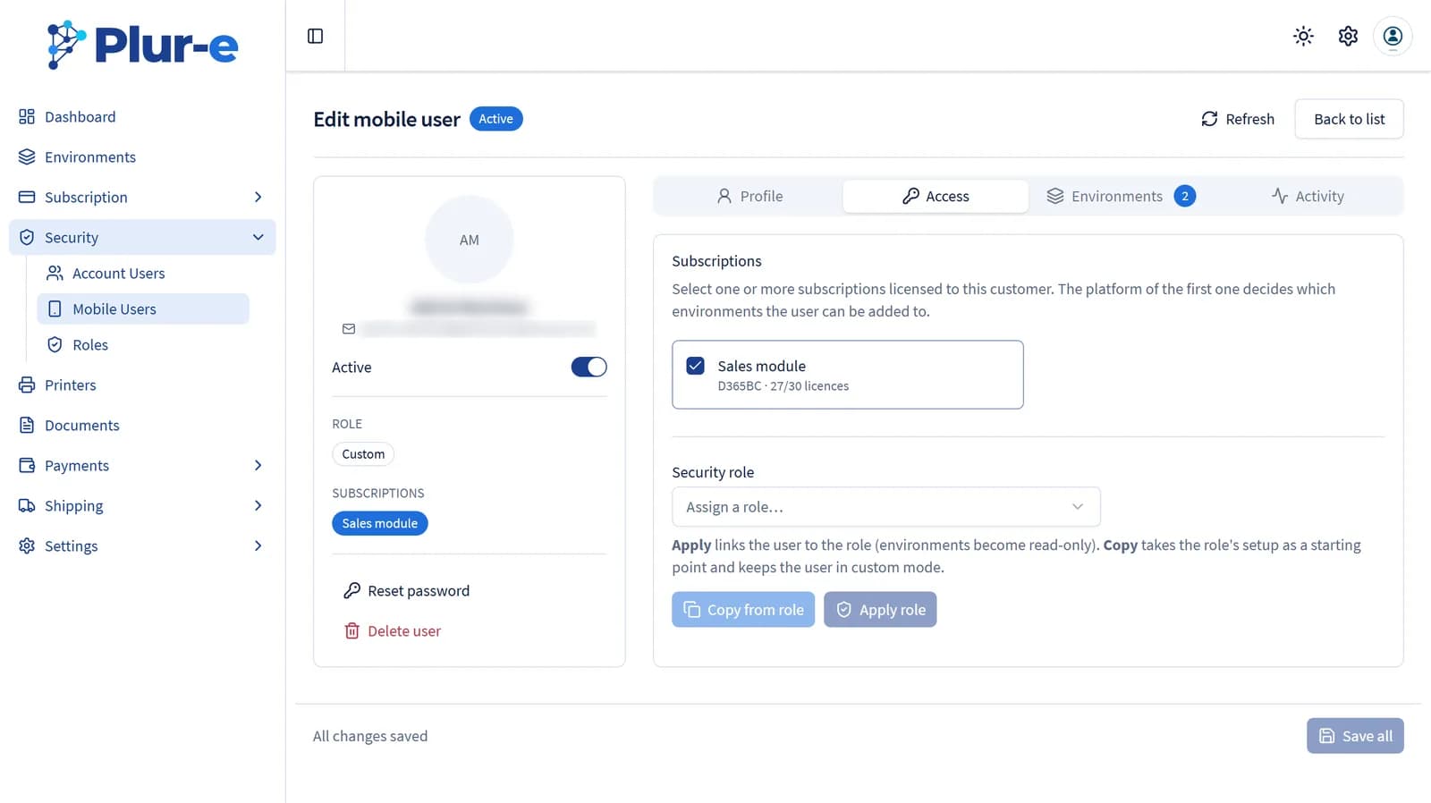 Access tab of the mobile user editor with subscriptions and security role