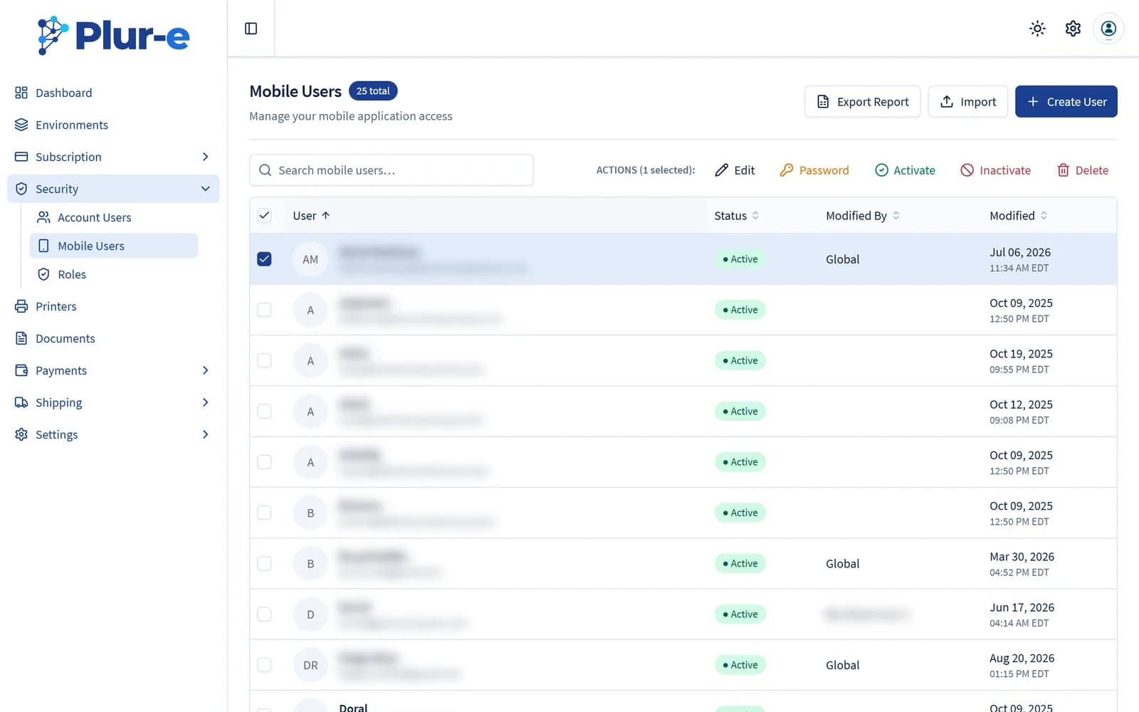 Row actions for a selected mobile user: Edit, Password, Activate, Inactivate and Delete