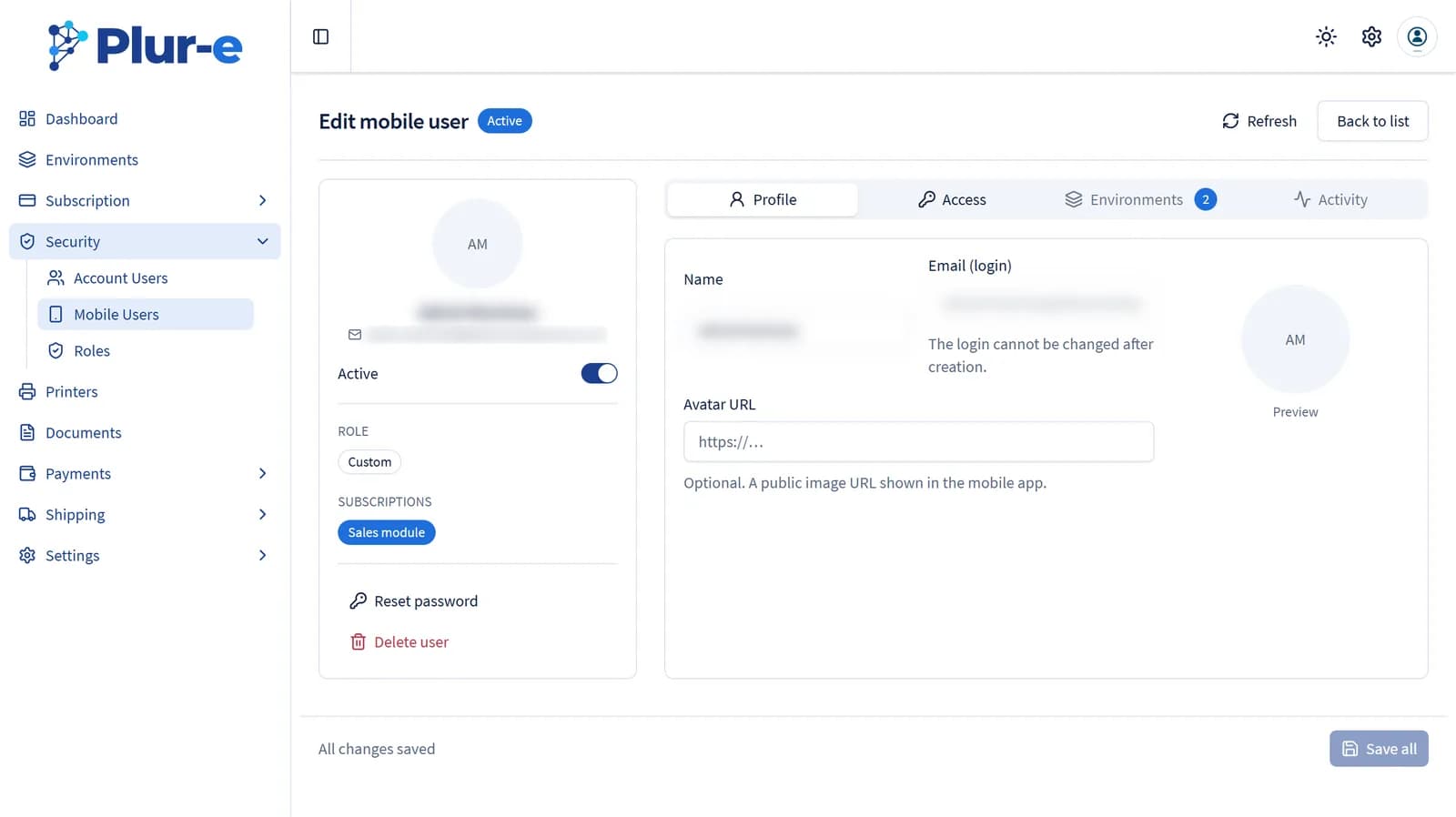 Edit mobile user page with the profile rail, Reset password and Delete user