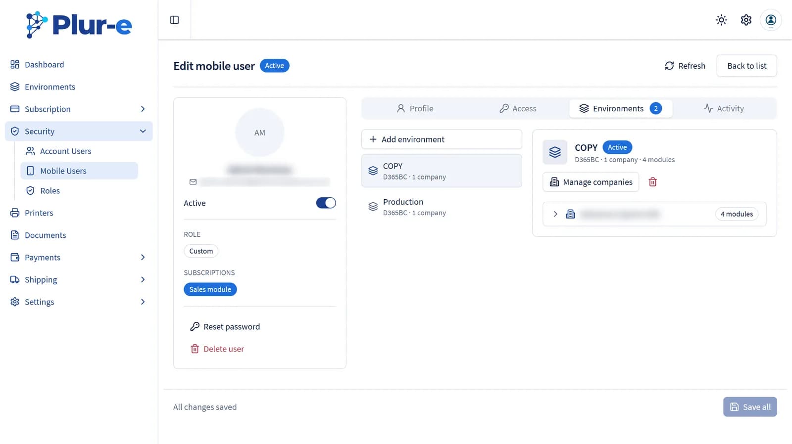 Environments tab of the mobile user editor with the environments and companies assigned