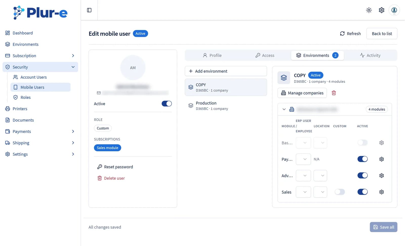 Module rows of a company with ERP user, location, custom and active columns