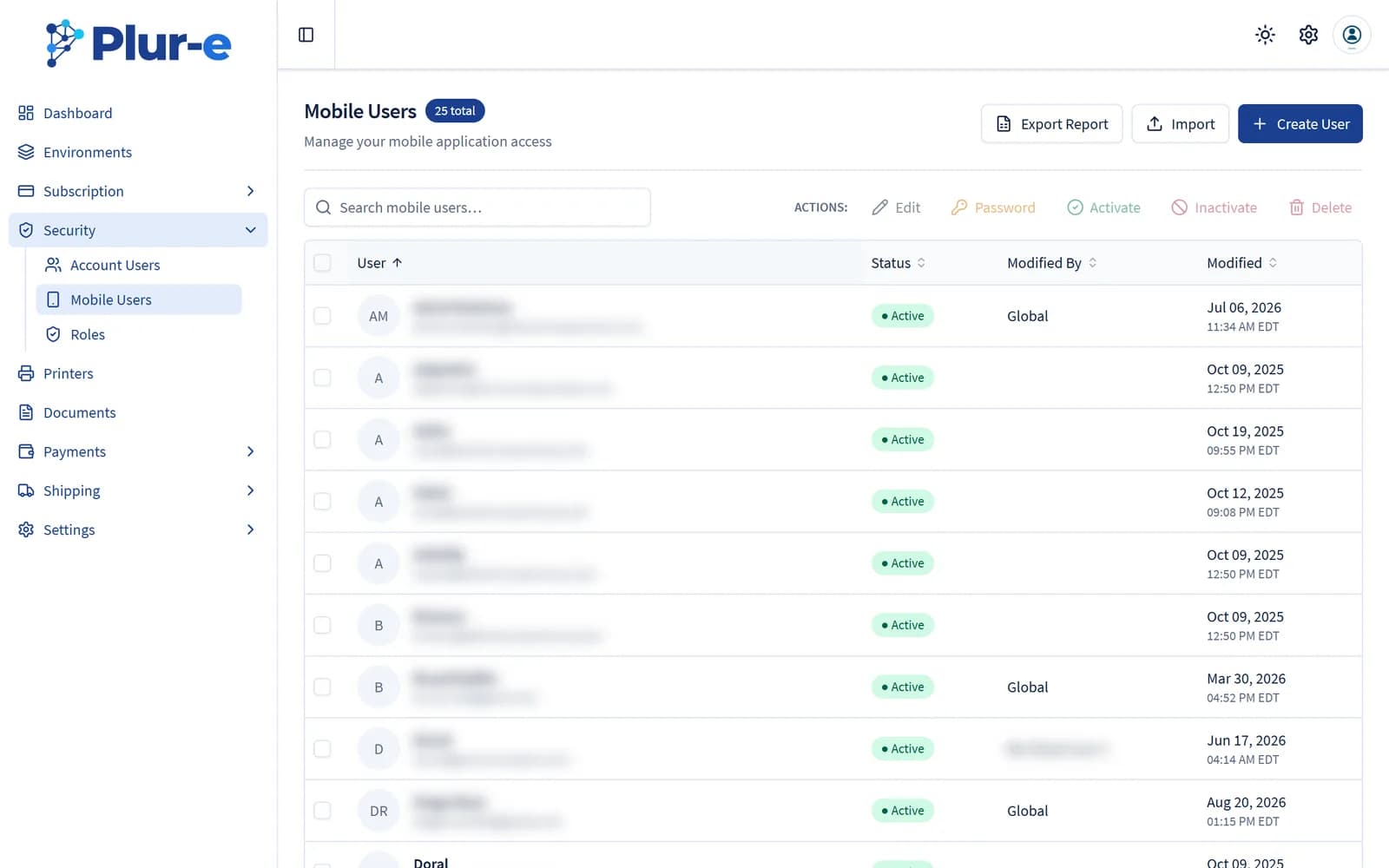 Mobile Users list in the Security section of the Admin Center