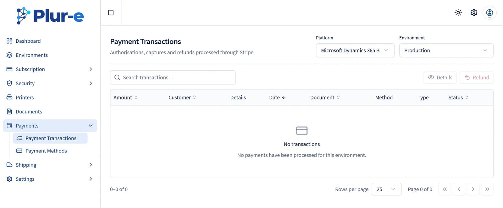 Página Payment Transactions con las columnas cliente, documento, método, tipo y estado