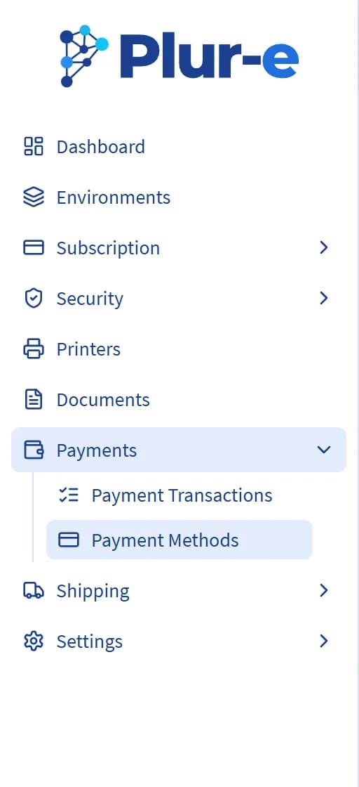 Menú Payments en la barra lateral con Payment Transactions y Payment Methods