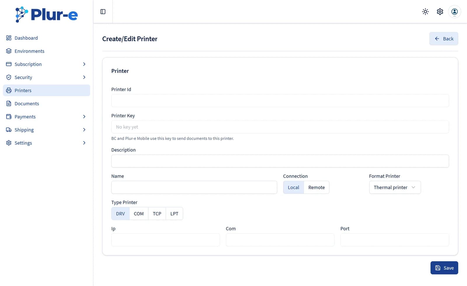 Create/Edit Printer page with the Name, Description, Connection, Format Printer and Type Printer fields