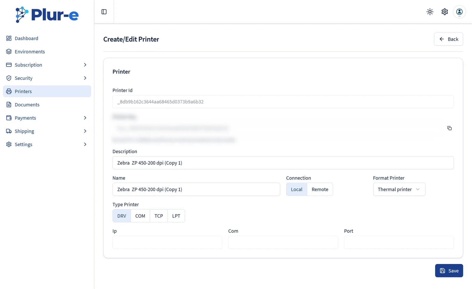 Create/Edit Printer page of an existing printer showing its Printer Id and Printer Key