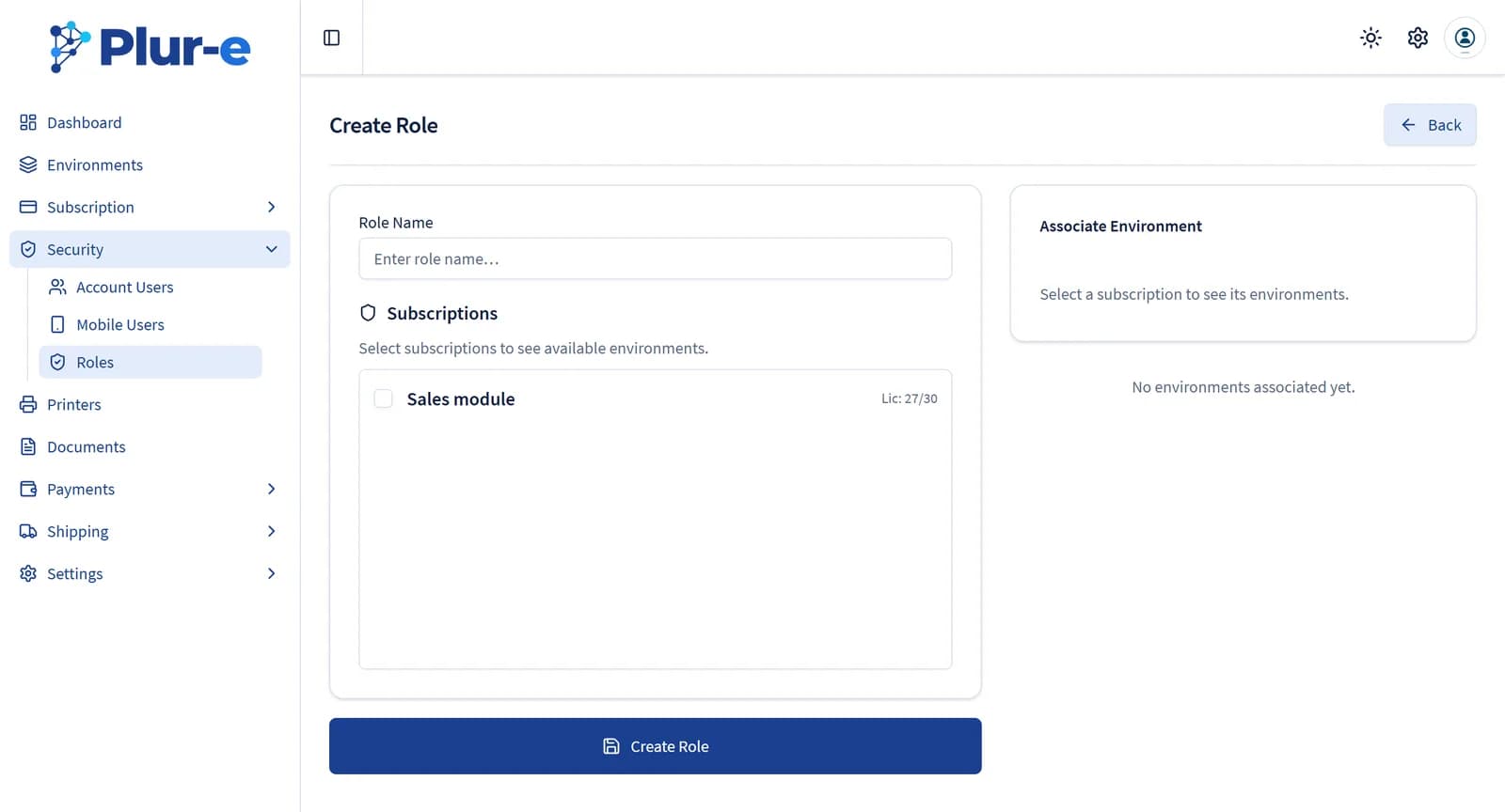 Create Role page in the Admin Center with subscription and environment selection