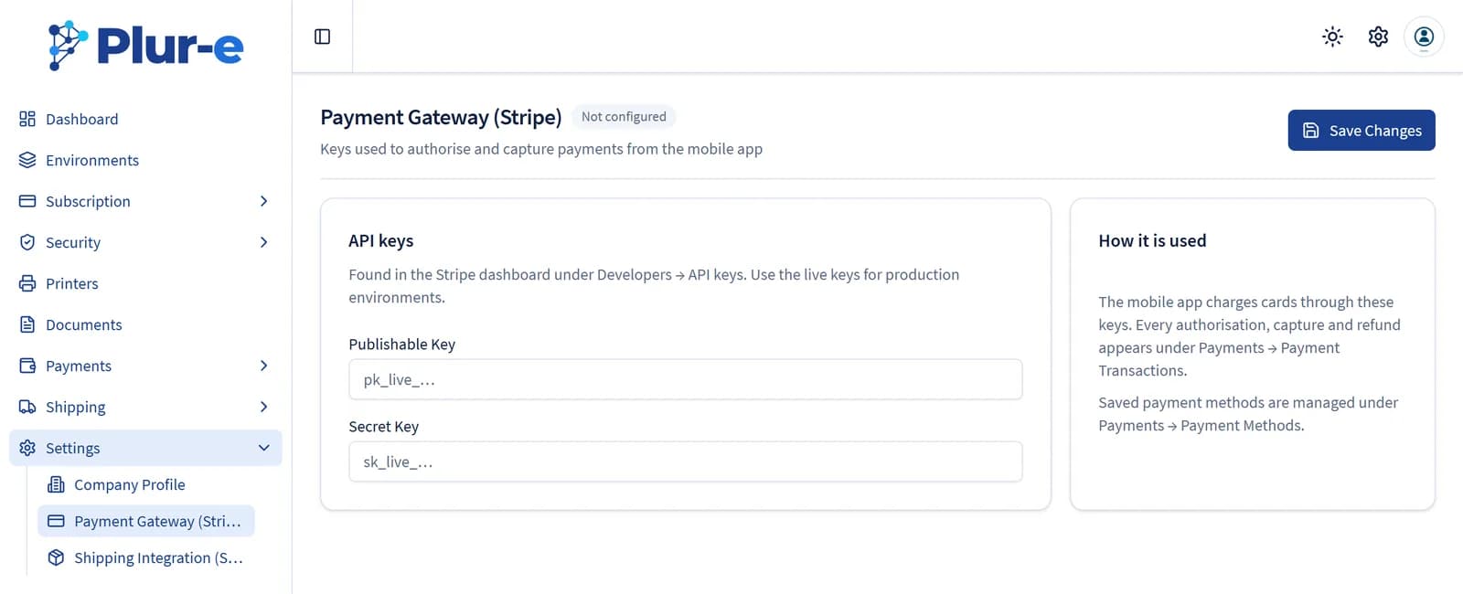 Payment Gateway (Stripe) settings