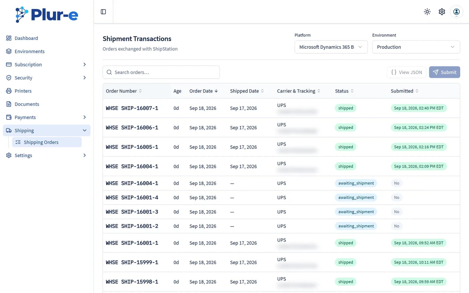Shipment Transactions page listing the orders exchanged with ShipStation with carrier, tracking and status