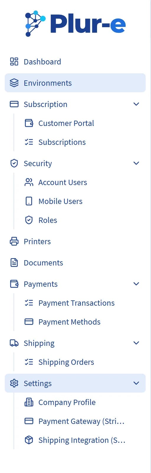 Admin Center side menu listing Dashboard, Environments, Subscription, Security, Printers, Documents, Payments, Shipping and Settings