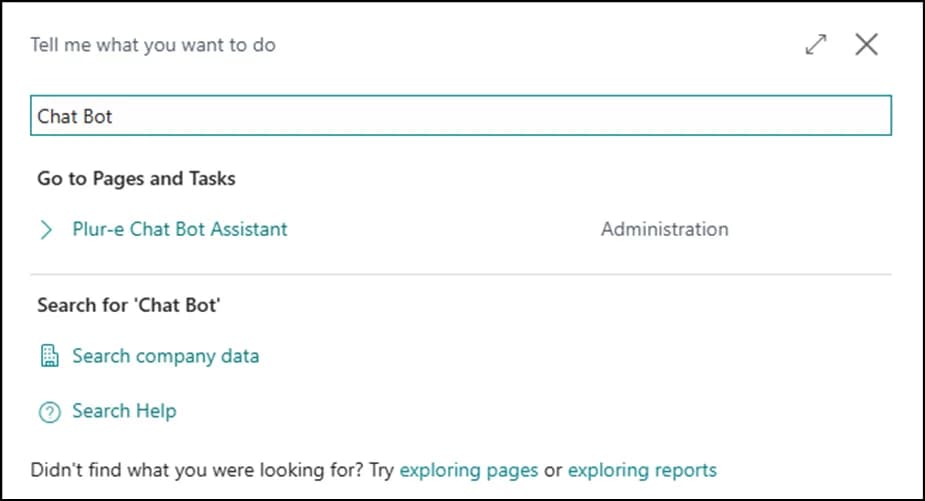 Business Central search results showing Chat Bot Assistant