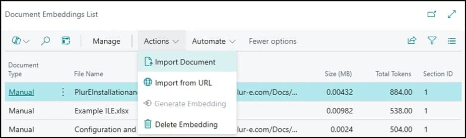 Actions menu with the Import Document option