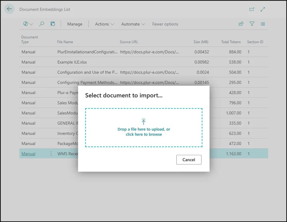 File picker to import a document into the chatbot database