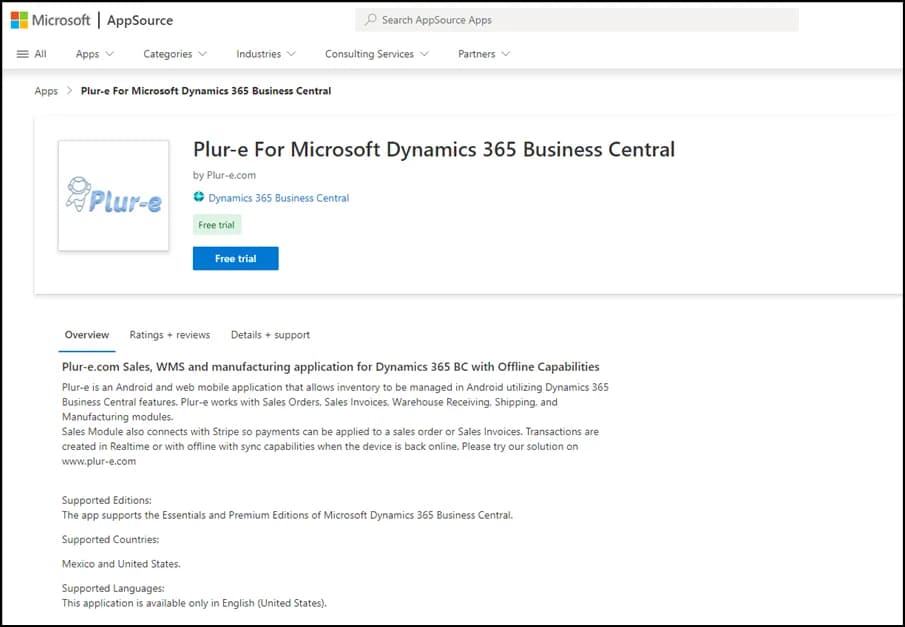 Plur-e listing on Microsoft AppSource with the Get it now button
