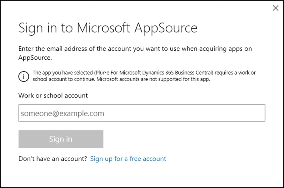 Microsoft sign-in dialog shown before installing an AppSource extension