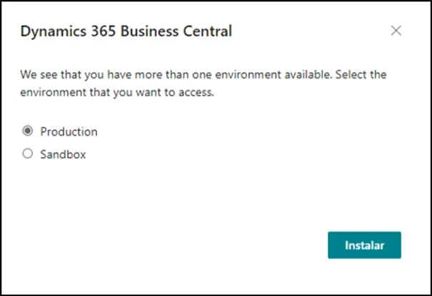 AppSource install dialog listing the Business Central environments to choose from