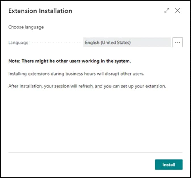 Business Central extension installation page for Plur-e