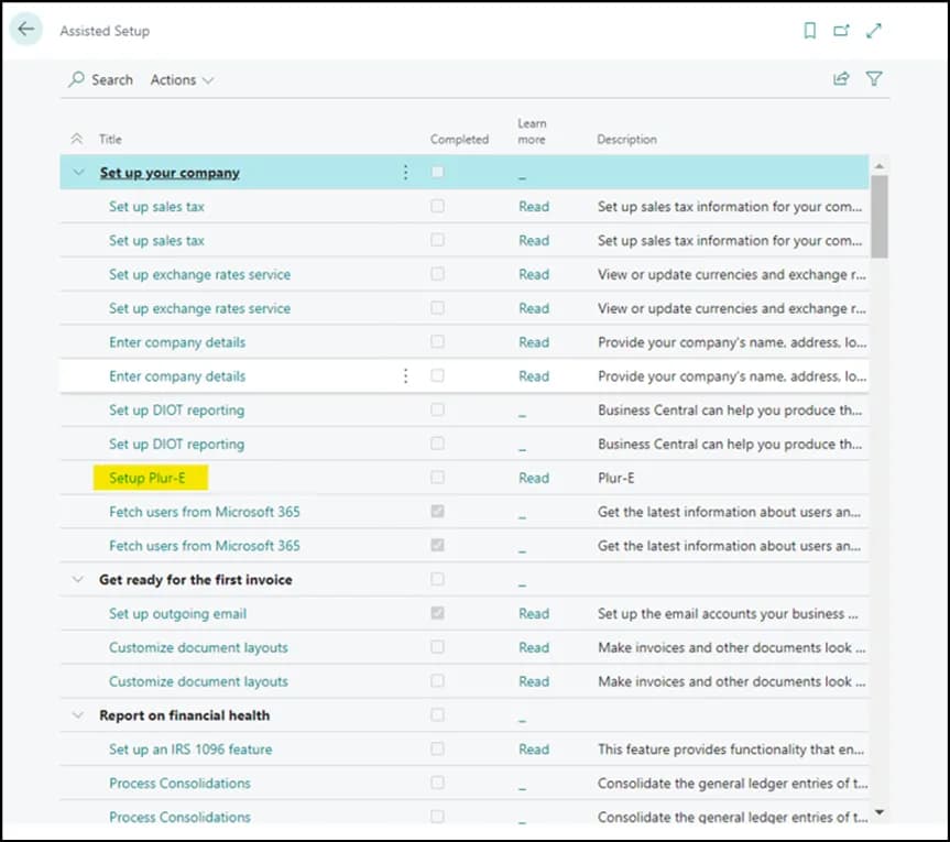 Business Central Assisted Setup list with the Plur-E Setup entry