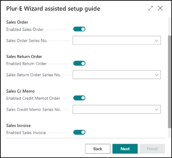 Plur-E Setup wizard page listing the document number series used by the mobile app